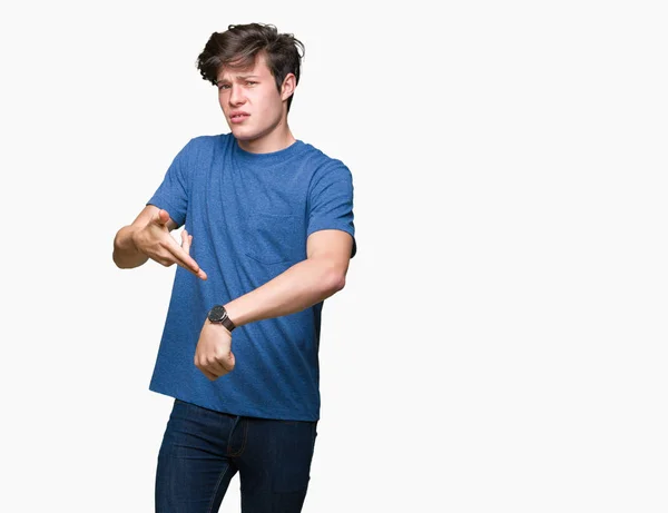 Jonge Knappe Man Blauw Shirt Dragen Geïsoleerde Achtergrond Haast Wijzende — Stockfoto