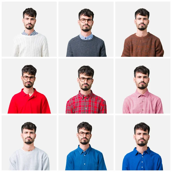 Collage Van Jonge Man Geïsoleerde Achtergrond Depressief Bang Voor Nood — Stockfoto