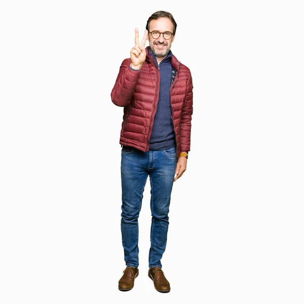 Middle Age Handsome Man Wearing Glasses Winter Coat Showing Pointing — Stock Photo, Image