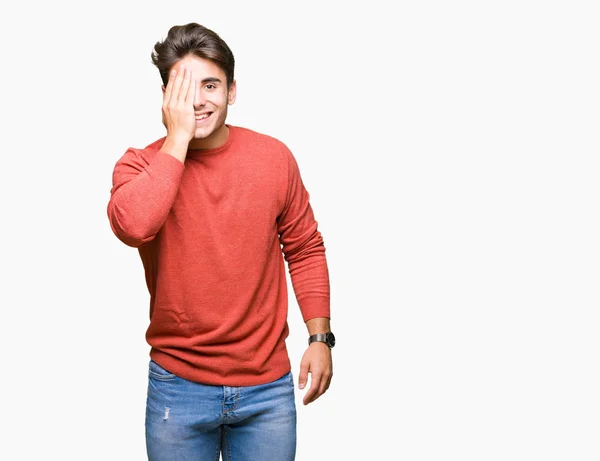 Jovem Homem Bonito Sobre Fundo Isolado Cobrindo Olho Com Mão — Fotografia de Stock