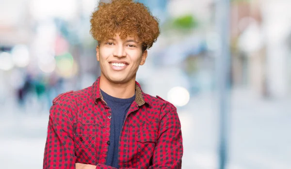 Mladý Student Hezký Muž Afro Vlasy Nosí Sako Šťastný Obličej — Stock fotografie