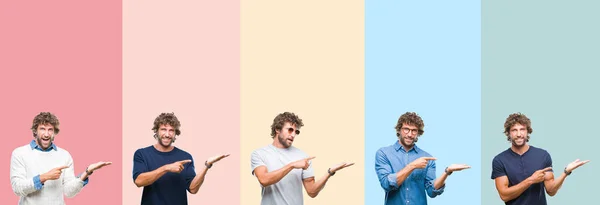 Collage Van Jonge Casual Man Kleurrijke Strepen Geïsoleerde Achtergrond Verbaasd — Stockfoto