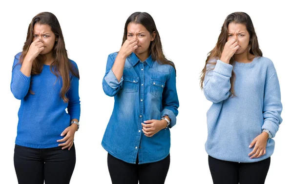 Collage Beautiful Young Woman Isolated Background Smelling Something Stinky Disgusting — Stock Photo, Image