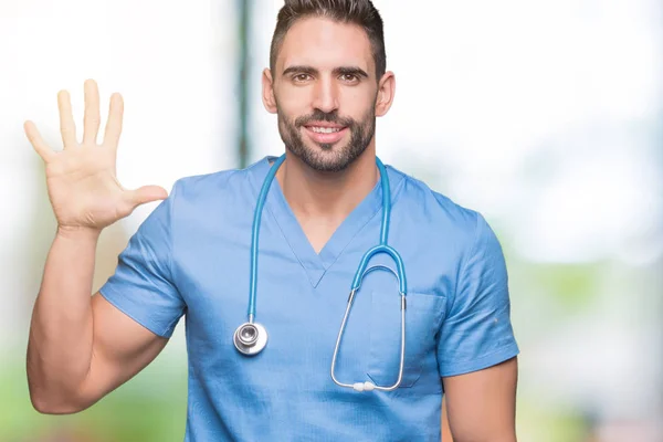 Bello Giovane Medico Chirurgo Uomo Sfondo Isolato Mostrando Indicando Con — Foto Stock