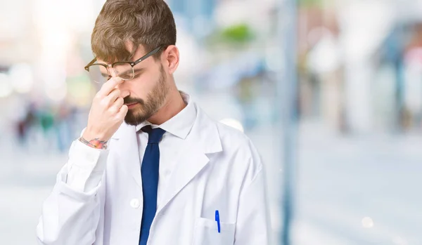 Young Professional Scientist Man Wearing White Coat Isolated Background Tired — Stock Photo, Image