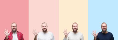 Renkli çizgili üzerinde sakallı genç adamın kolajı izole arka plan gösteren ve parmakları ile işaret ederken emin ve mutlu gülümseyerek beş numara.