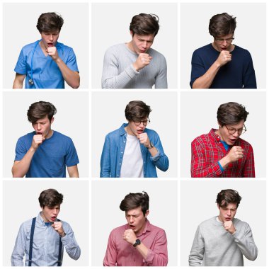 Beyaz genç adam kolaj soğuk veya bronşit için arka plan duygu hasta ve semptom olarak öksürük izole. Sağlık kavramı.