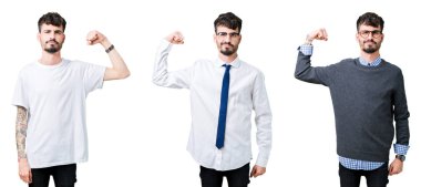 İzole arka plan üzerinde genç adam kolaj güçlü kişi kol kas gösteren, emin ve güç gurur