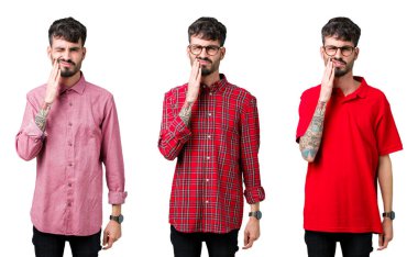 Diş ağrısı ya da diş hastalıkları nedeniyle ağrılı ifade ile el ile ağız dokunmadan izole arka planda gözlük takan genç adam kolaj. Dişçi konsepti.