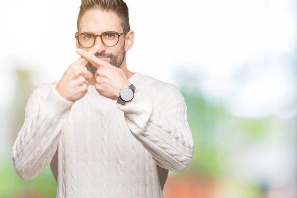 Jovem Bonito Homem Vestindo Óculos Sobre Isolado Fundo Rejeição Expressão — Fotografia de Stock