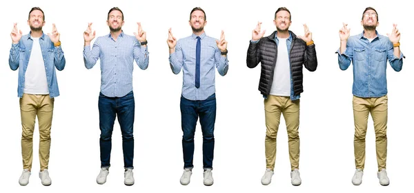 Collage Atractivo Joven Sobre Fondo Blanco Aislado Sonriendo Cruzando Los —  Fotos de Stock