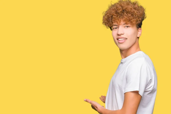 Young Handsome Man Afro Hair Wearing Casual White Shirt Inviting — Stock Photo, Image