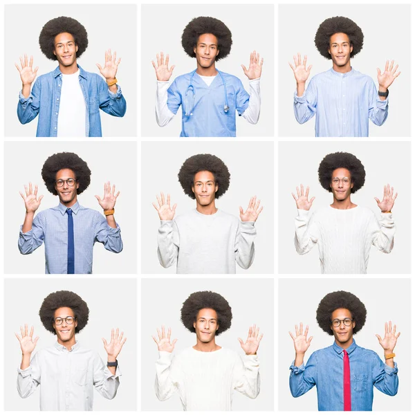 Collage Giovane Uomo Con Capelli Afro Sfondo Bianco Isolato Mostrando — Foto Stock