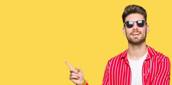 Young Handsome Man Wearing Sunglasses Big Smile Face Pointing Hand — Stock Photo, Image