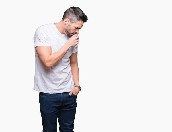 Hombre Joven Que Usa Una Camiseta Blanca Casual Sobre Fondo —  Fotos de Stock