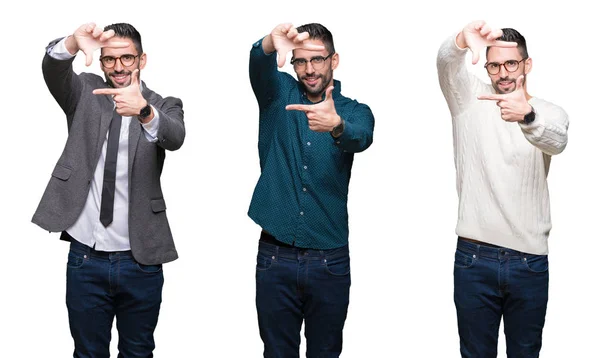 Colagem Homem Negócios Bonito Sobre Fundo Isolado Branco Sorrindo Fazendo — Fotografia de Stock