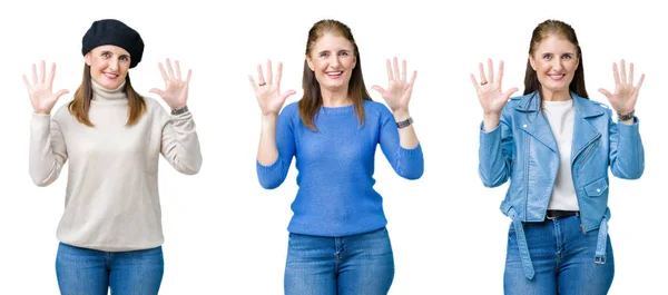 Collage Beautiful Middle Age Woman Isolated Background Showing Pointing Fingers — Stock Photo, Image