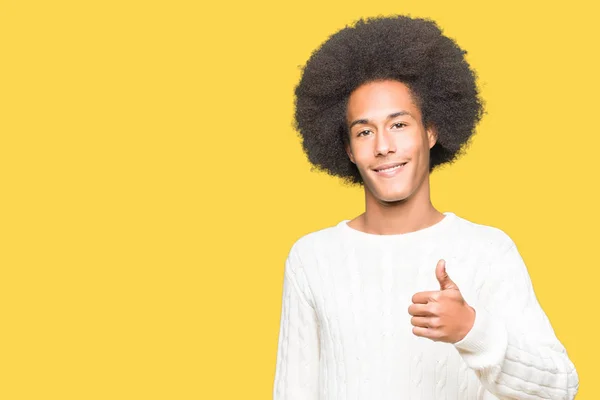 Young African American Man Afro Hair Wearing Winter Sweater Doing — Stock Photo, Image