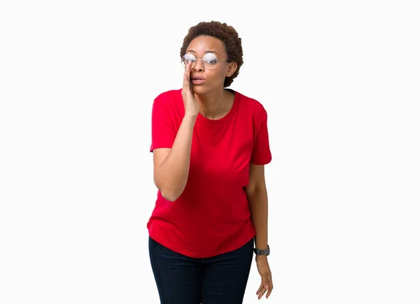 Mooie Jonge African American Vrouw Dragen Bril Geïsoleerde Achtergrond Hand — Stockfoto