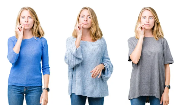 Collage Einer Schönen Blonden Frau Über Weißem Isoliertem Hintergrundmund Und — Stockfoto