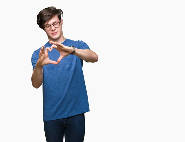 Fiatal Jóképű Férfi Szemüveg Viselése Alatt Szerelmes Szív Szimbólum Kéz — Stock Fotó