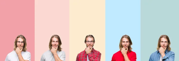 Colagem Homem Bonito Jovem Sobre Listras Coloridas Fundo Isolado Olhando — Fotografia de Stock