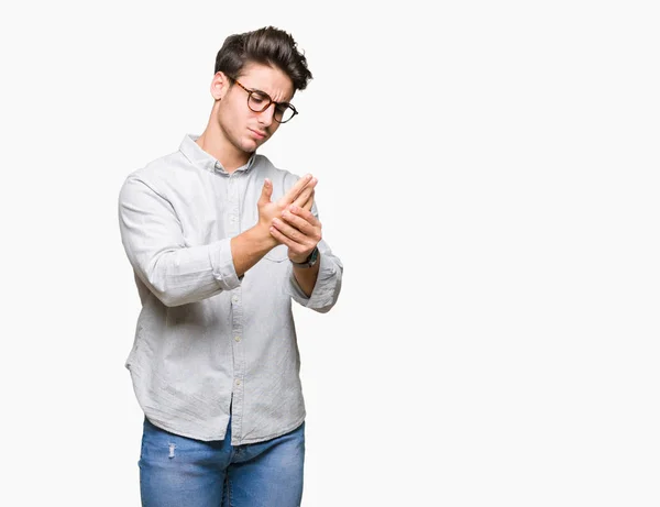 Joven Hombre Guapo Con Gafas Sobre Fondo Aislado Sufrimiento Dolor — Foto de Stock