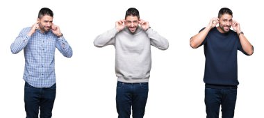Yüksek sesle müzik sesi için rahatsız ifade ile parmakları ile kulakları kapsayan beyaz izole arka plan üzerinde yakışıklı iş adamı kolaj. Sağır kavramı.