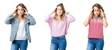 Genç güzel sarışın kız yüzünden kolaj izole arka plan baş baş ağrısı için el ile çünkü stres. Migren muzdarip.