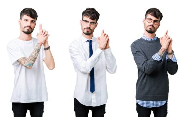 El hareketi ile sembolik silah tutan, çekim silah, kızgın yüz öldürmek oynamaya izole arka plan üzerinde genç adam kolaj