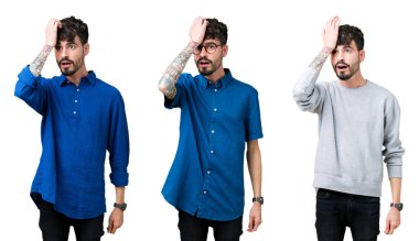 Kafasına hata için el ile izole arka plan üzerinde genç adam kolaj şaşırdım, hata hatırlıyorum. Unuttum, kötü bellek kavramı.