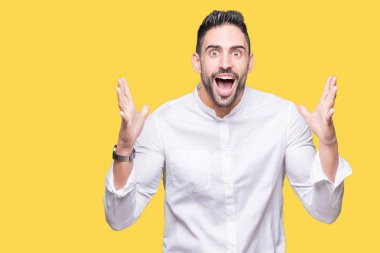 İzole arka plan üzerinde genç iş adamı çılgın kutluyor ve başarı için hayran silah kaldırdı ve açık gözleri heyecanlı çığlık. Kazanan kavramı