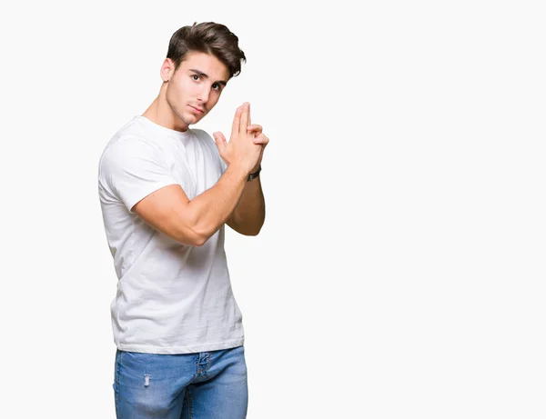 Jonge Knappe Man Dragen Witte Shirt Geïsoleerde Achtergrond Holding Symbolische — Stockfoto