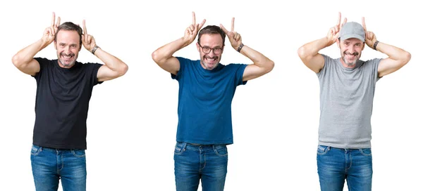 Colagem Homem Sênior Bonito Sobre Fundo Isolado Branco Posando Engraçado — Fotografia de Stock