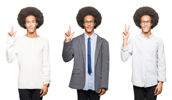 Collage Giovane Uomo Con Capelli Afro Sfondo Bianco Isolato Mostrando — Foto Stock