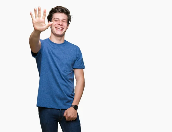 Joven Hombre Guapo Con Camiseta Azul Sobre Fondo Aislado Mostrando — Foto de Stock