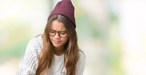 Young Beautiful Brunette Hipster Woman Wearing Glasses Winter Hat Isolated — Stock Photo, Image