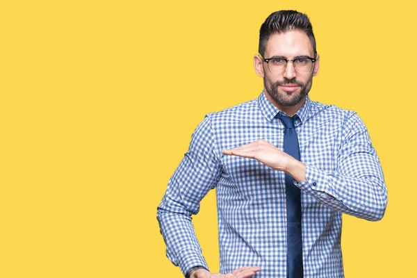 Joven Hombre Negocios Con Gafas Sobre Fondo Aislado Gesto Con —  Fotos de Stock