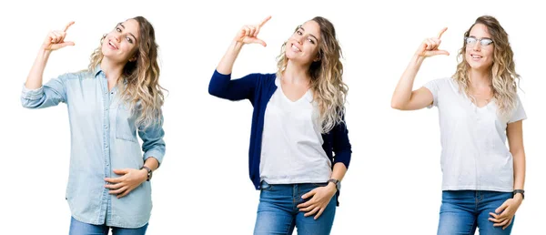 Colagem Jovem Linda Menina Loira Sobre Fundo Isolado Sorrindo Gestos — Fotografia de Stock