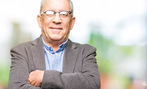 Bonito Homem Negócios Sênior Usando Óculos Rosto Feliz Sorrindo Com — Fotografia de Stock