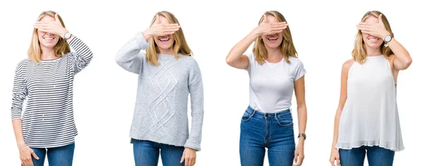 Colagem Bela Mulher Loira Sobre Fundo Isolado Branco Sorrindo Rindo — Fotografia de Stock