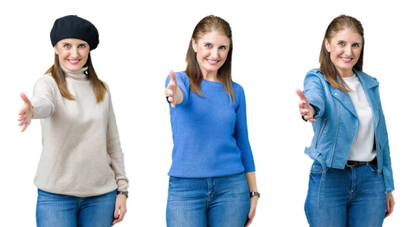 Collage Hermosa Mujer Mediana Edad Sobre Fondo Aislado Sonriendo Amistoso — Foto de Stock