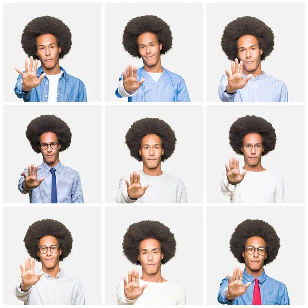 Koláž Mladého Muže Afro Vlasy Bílé Izolované Pozadí Dělá Stop — Stock fotografie
