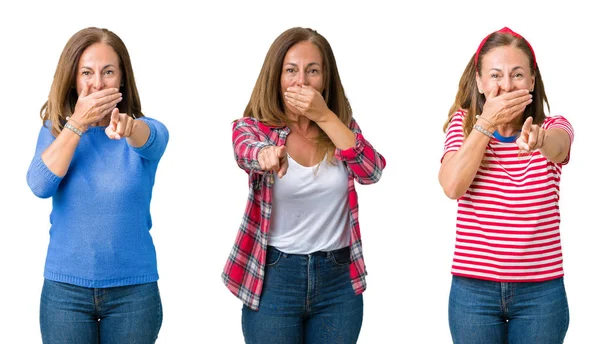 Collage Hermosa Mujer Mediana Edad Sobre Fondo Aislado Riéndose Señalando — Foto de Stock