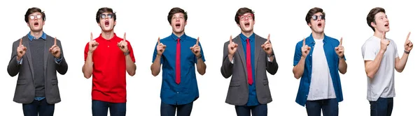 Collage Joven Sobre Fondo Blanco Aislado Asombrado Sorprendido Mirando Hacia —  Fotos de Stock