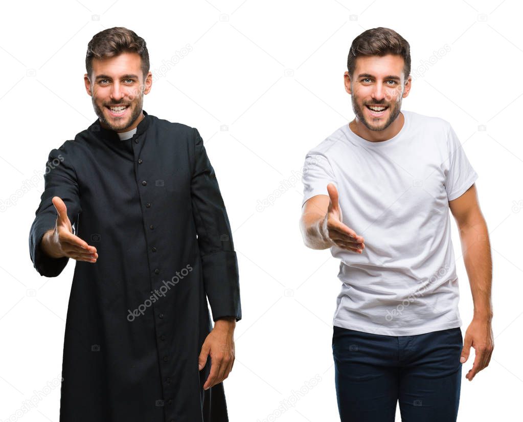 Collage of handsome young man and catholic priest over isolated background smiling friendly offering handshake as greeting and welcoming. Successful business.