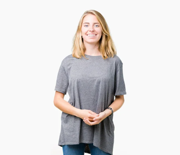 Mulher Bonita Vestindo Camiseta Casual Oversize Sobre Fundo Isolado Mãos — Fotografia de Stock