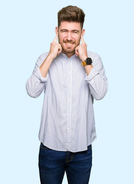 Young Handsome Man Covering Ears Fingers Annoyed Expression Noise Loud — Stock Photo, Image