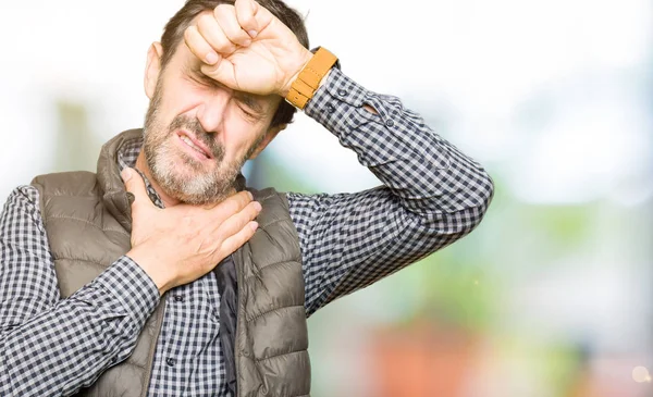 Middle Age Handsome Man Wearing Winter Vest Touching Forehead Illness — Stock Photo, Image