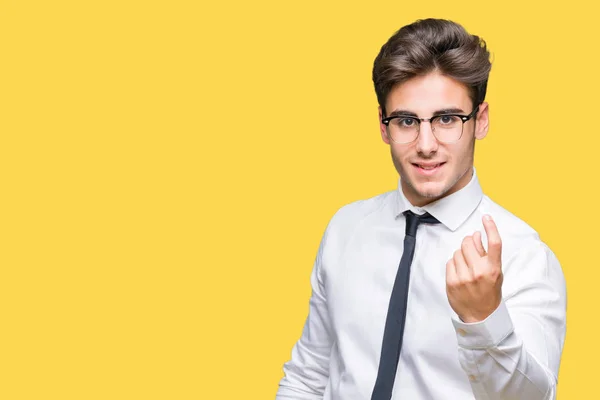 Junger Geschäftsmann Mit Brille Über Isoliertem Hintergrund Winkt Hier Geste — Stockfoto